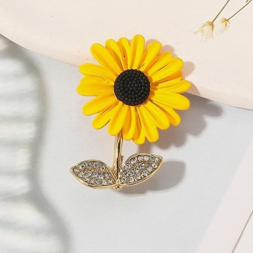 Sunflower Enamel + Rhinestone Fashion Brooch Pin, Yellow, Gold, White - Picture 6 of 17